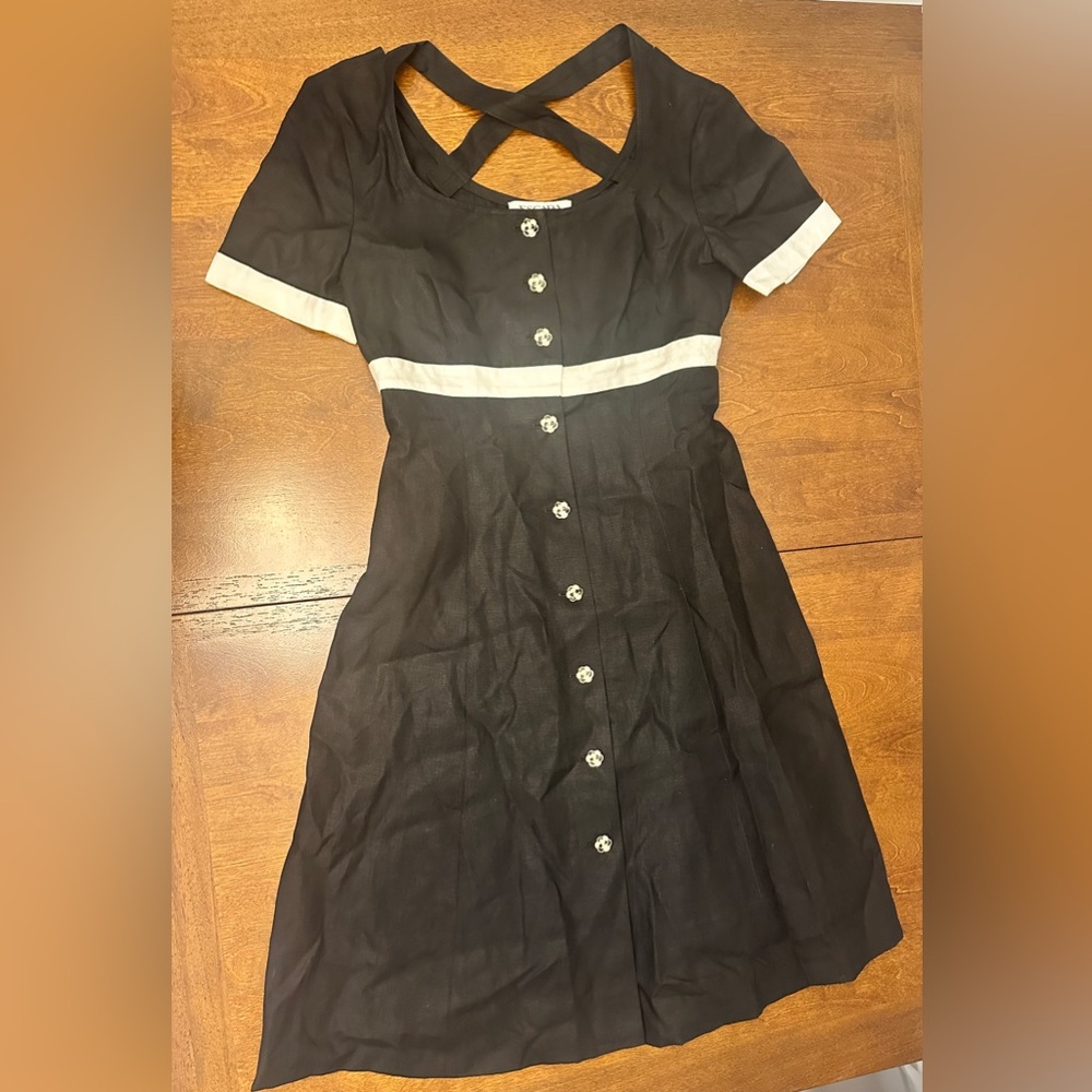 Escada Black Dress with White and Black Floral Buttons